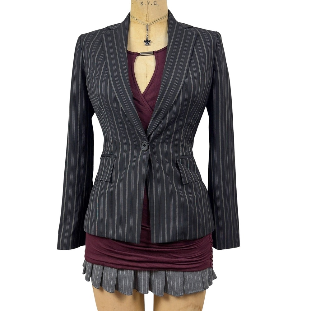 Y2K Black Pink Pinstripe Wool Blazer Single Button Tailored Minimalist BR Size 0